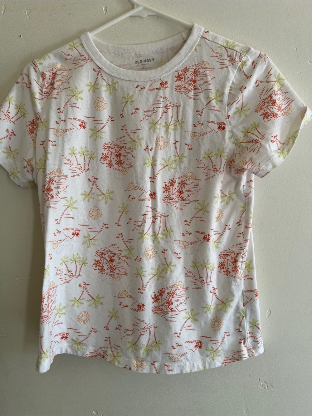 Old Navy White Short Sleeve Tee with Orange and Light Green Tropical Print